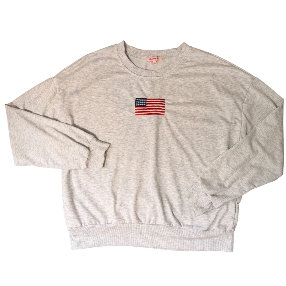 American Flag Embroidered‎ French Terry Lightweight Sweatshirt (LG) Soft Comfort
